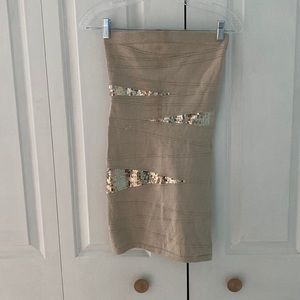 Tan sparkly strapless bodycon dress